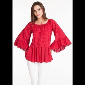 John Mark Eyelet Bell Sleeve Peplum Red Blouse Size XS